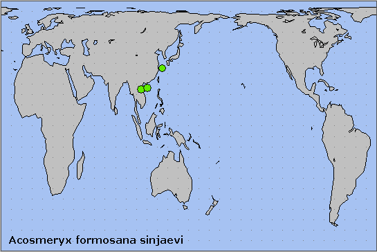 Global distribution of Acosmeryx formosana sinjaevi. Map: © NHMUK.