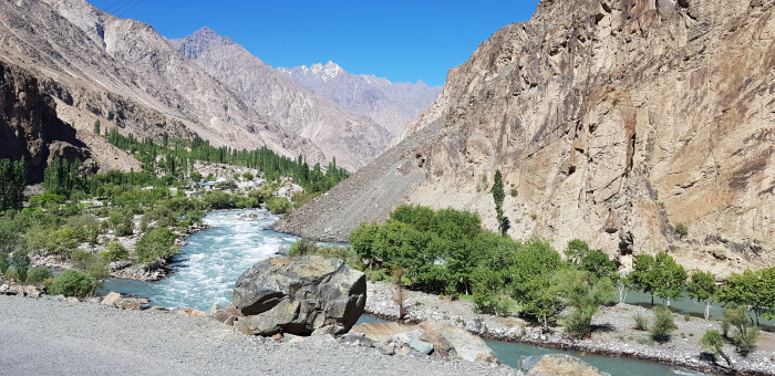 Typical riverine habitat of Dolbina grisea, Gilgit River, Phandar Valley, Gilgit-Baltistan, Pakistan, 9.vii.2018, 2500m. Photo: © Serge Yevdoshenko.
