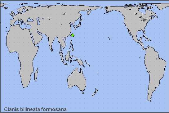 Global distribution of Clanis bilineata formosana. Map: © NHMUK.