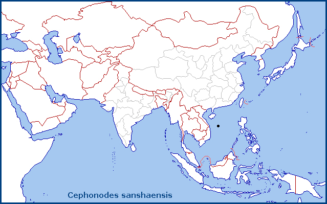 Global distribution of Cephonodes sanshaensis. Map: © Tony Pittaway.