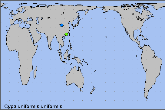 Global distribution of Cypa uniformis uniformis. Map: © NHMUK.