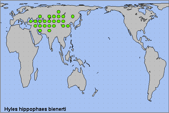 Global distribution of Hyles hippophaes bienerti. Map: © NHMUK.