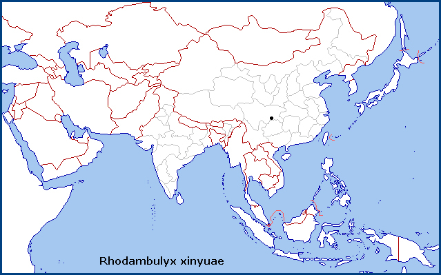 Global distribution of Rhodambulyx xinyuae. Map: © Tony Pittaway.