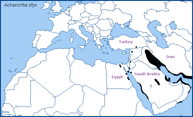 Local distribution of Acherontia styx. Map: © Tony Pittaway.