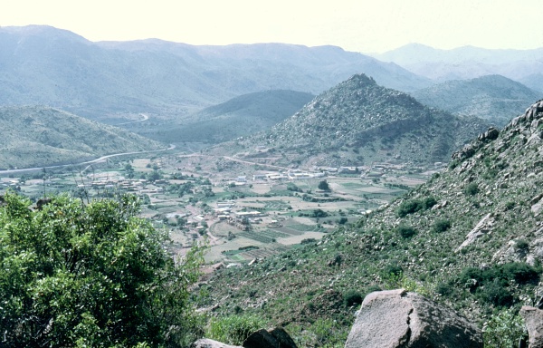 Typical mountain habitat of Hyles euphorbiae ?conspicua, Al-Foqa (Juzam, Al-Lieth), Asir Mountains, SW Saudi Arabia. Photo: © Tony Pittaway.